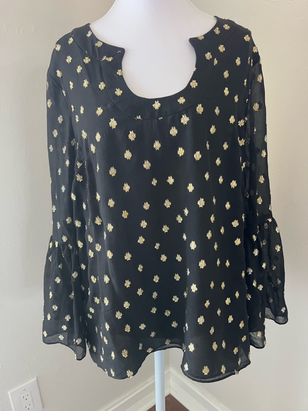 Lilly Pulitzer Black Blouse with Gold Foil Dot Detail